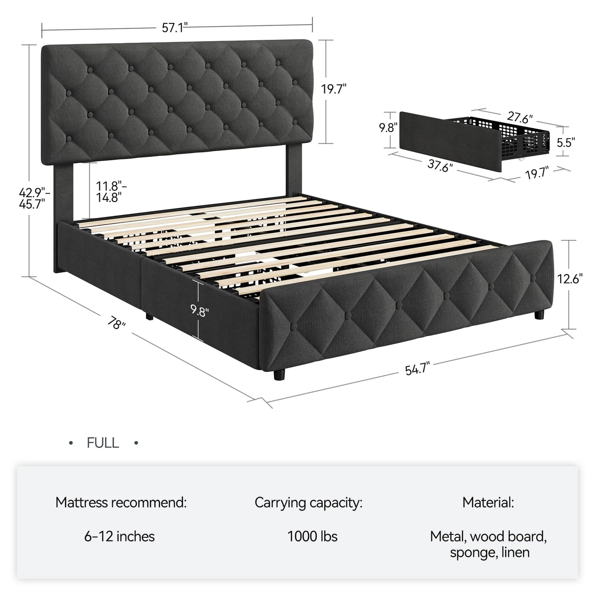 TROPOW Full Size Bed Frame,with 4 Storage Drawers and Adjustable Headboard, Linen Upholstered Platform Bed Frame, Diamond Stitched Button Tufted, No Box Spring Needed,White