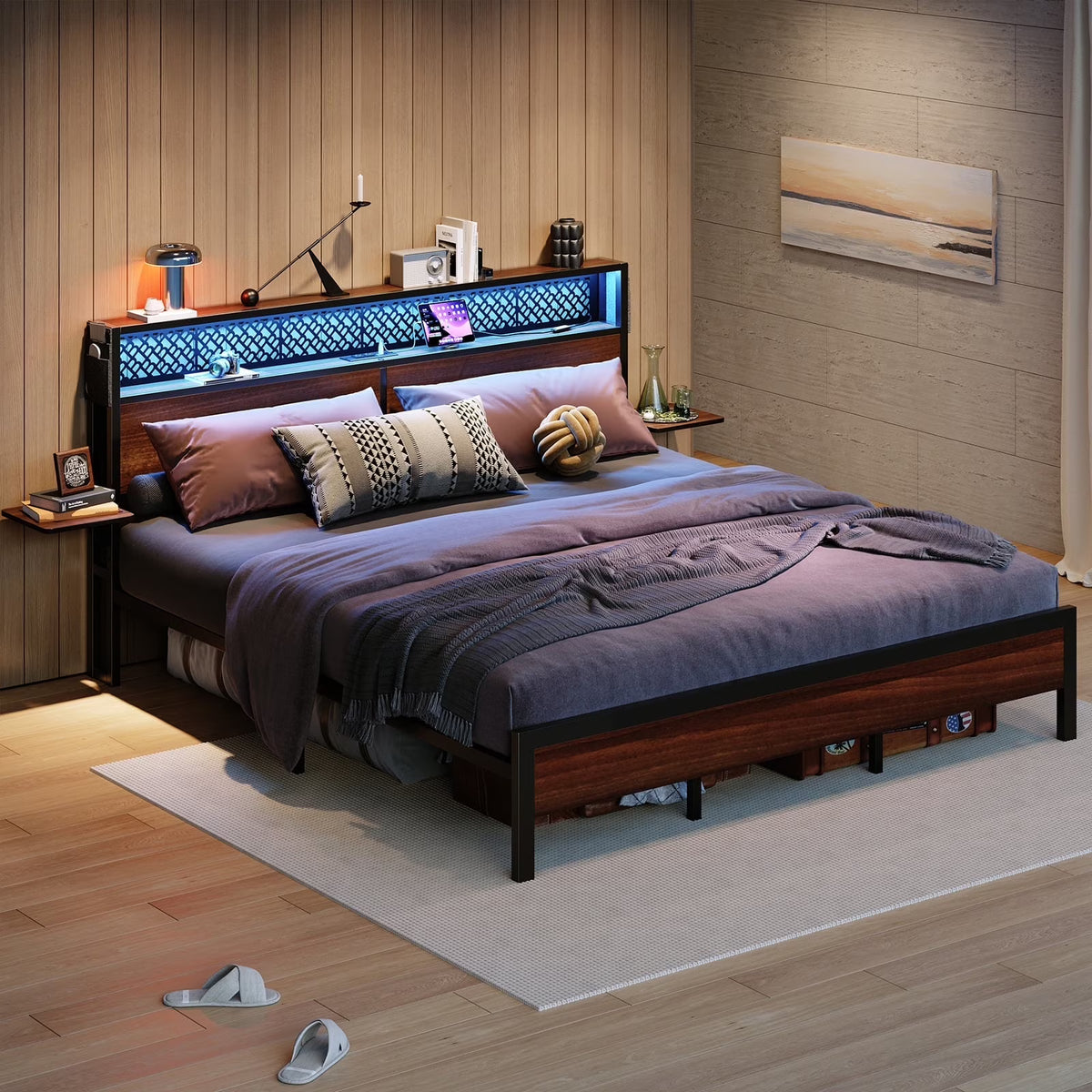 Bestier Queen Size Platform Bed Frame with Wood Foldable Bedside Shelves and LED Storage Headboard Charge Station, Gray