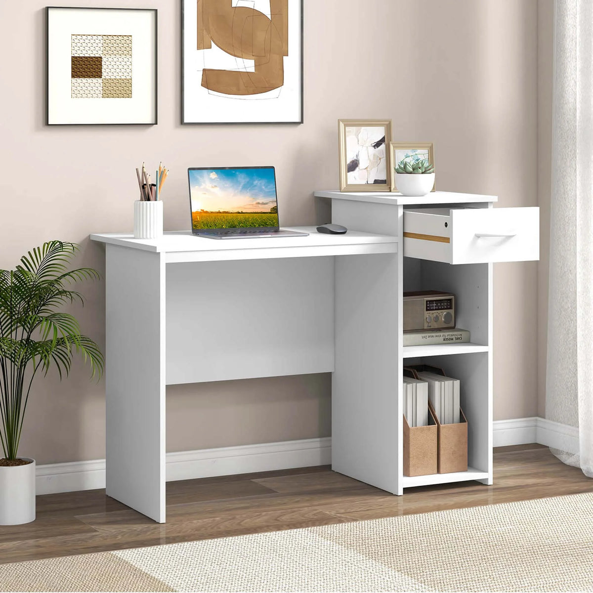 Costway Computer Desk with Drawer Modern Laptop PC Desk with Adjustable Shelf & Cable Hole
