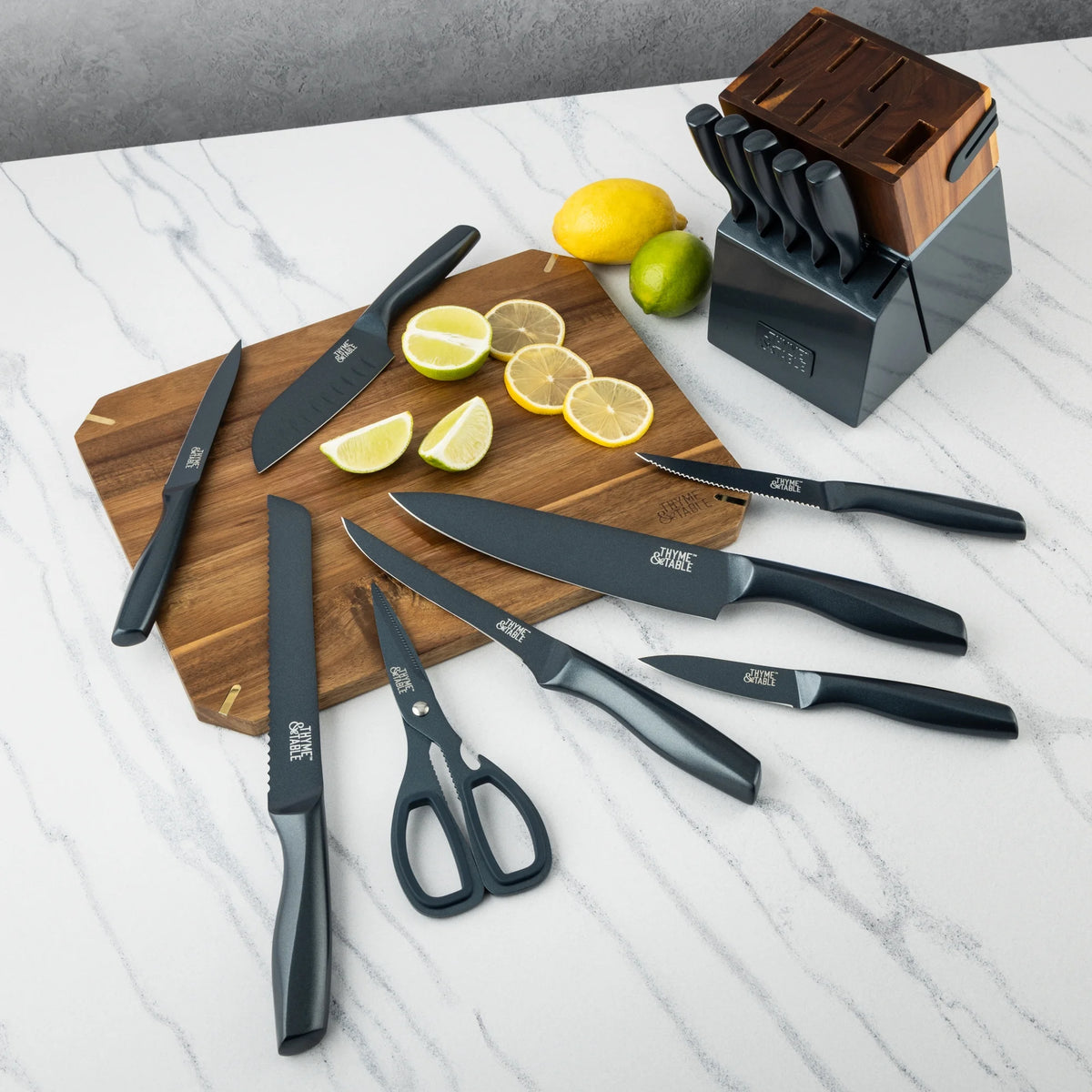 Thyme & Table 15-Piece Knife Block set with Sharpener, Gunmetal
