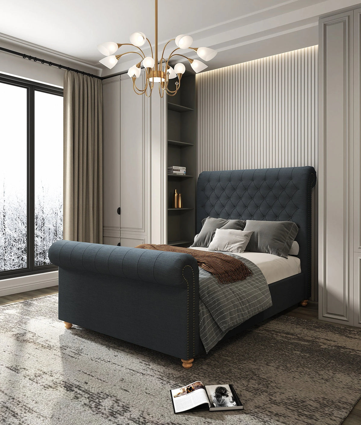 Manhattan Comfort Empire Fabric Upholstered Queen Bed Frame in Cream
