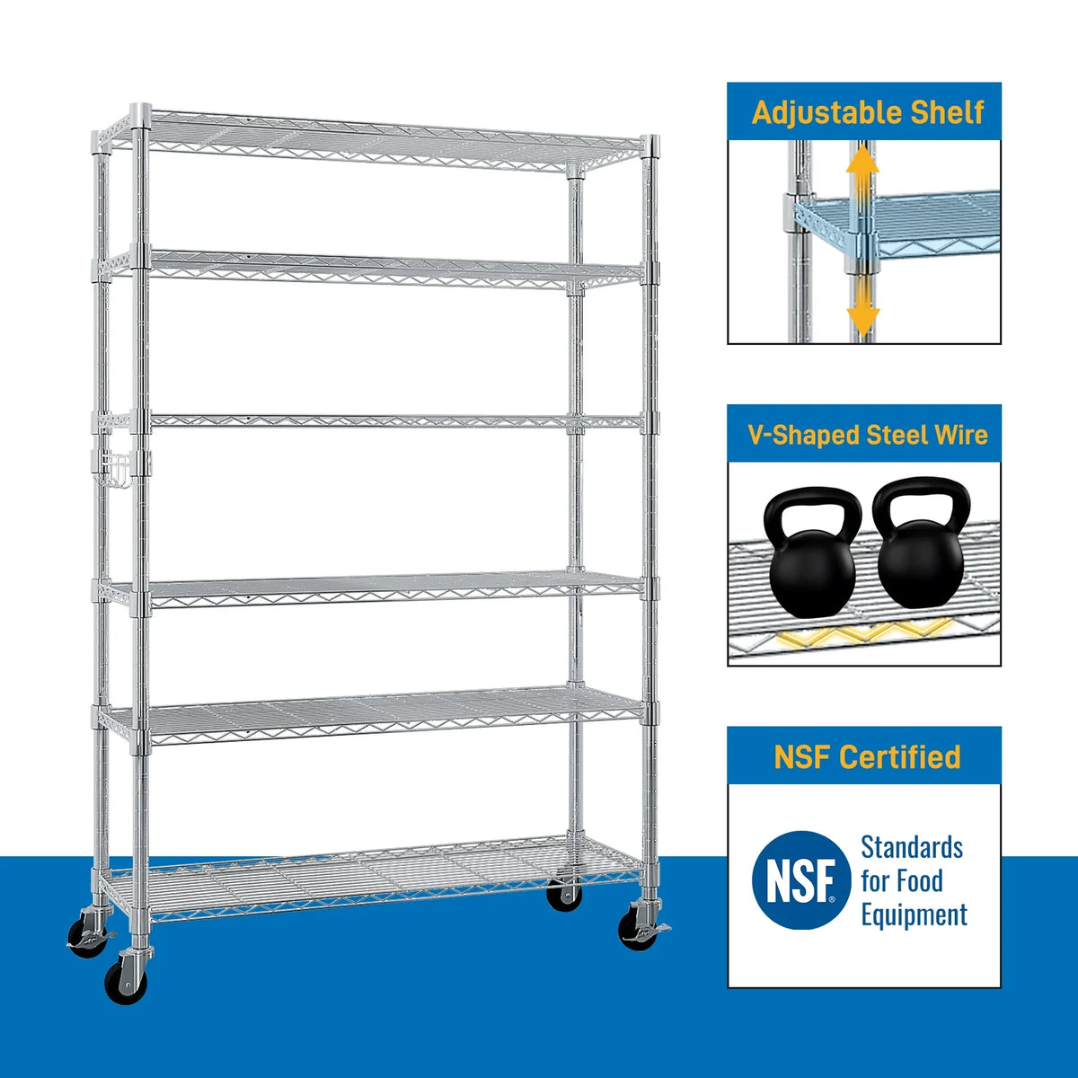 Ktaxon 6 Tier Wire Shelving with Wheels, 46"D x 18"W x 82"H Multifunctional Storage Rack Metal Garage Shelves Organizer, Capacity for 900lbs, Silver