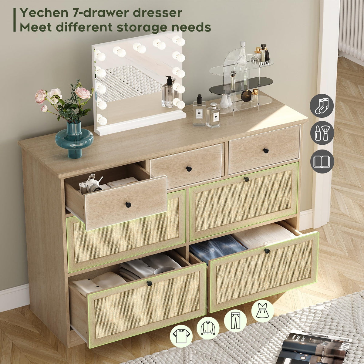 Brafabhome Rattan 6 Drawers Dresser for Bedroom, Vintage Boho Double Dresser Wicker Chest with Wooden Legs for Living Room Hallway| Mint