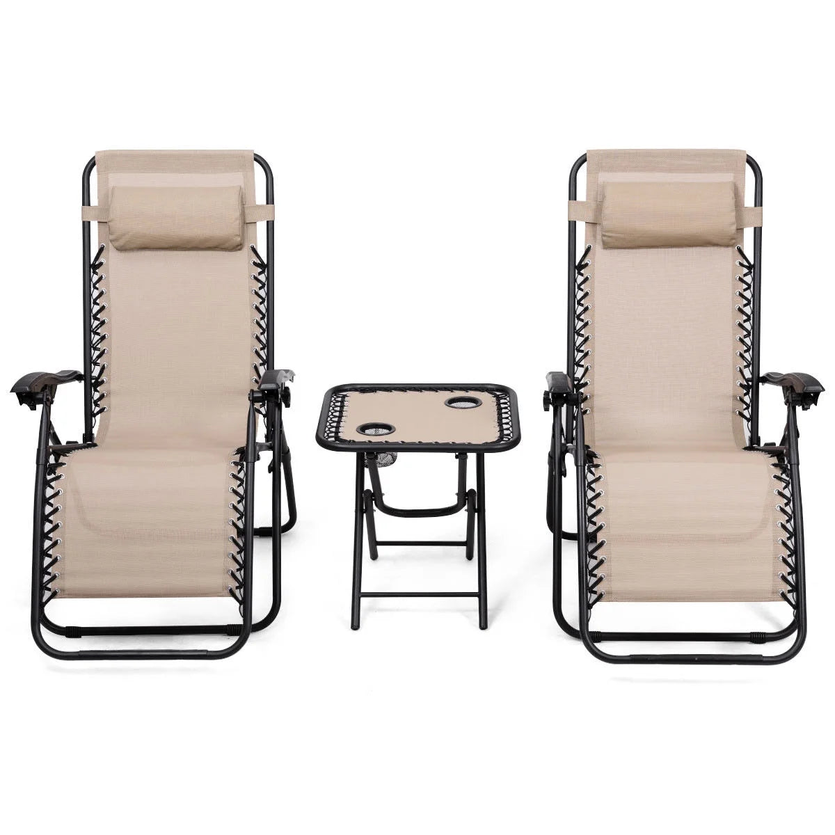 Gymax 3PC Zero Gravity Reclining Lounge Chairs Pillows Table Portable Folding Beige