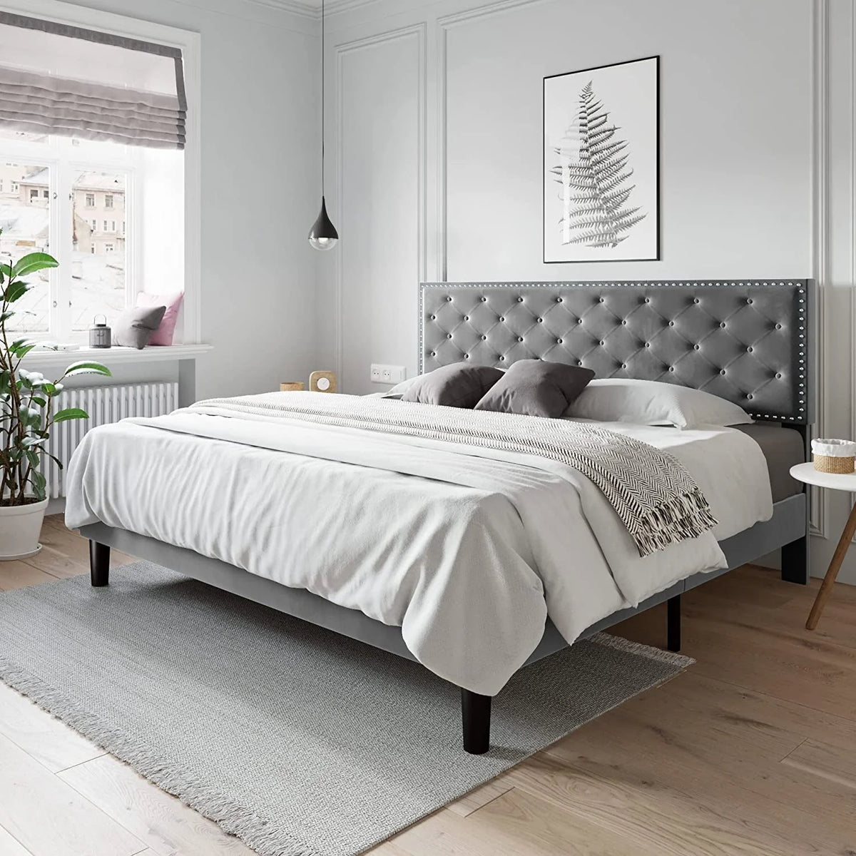 Allewie King Size Bed Frame, Velvet Upholstered Platform Bed with Adjustable Diamond Button Tufted & Nailhead Trim Headboard, Light Grey