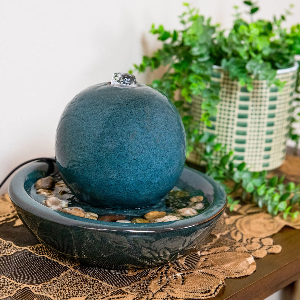 Sunnydaze Modern Teal Ceramic Tabletop Water Fountain with Orb