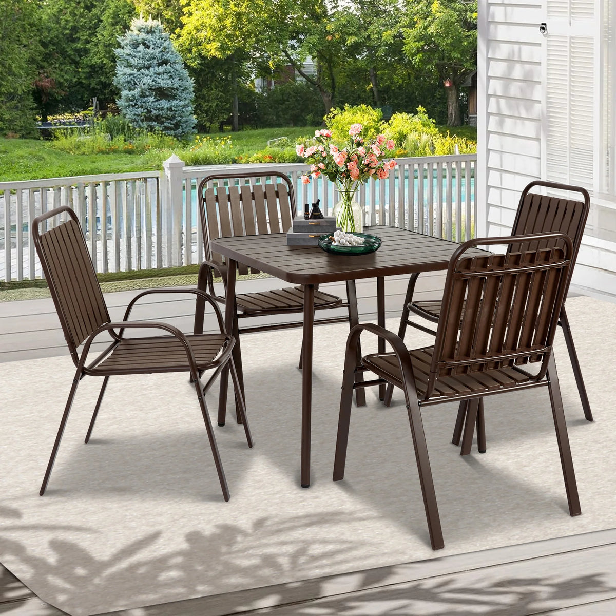 Seizeen 7-Piece Outdoor Table and Chairs, Patio Table Set with 6 Rattan Chairs, All-weather Outdoor Patio Dining Sets Rectangular Metal Table with Acacia Wood Top, Umbrella Hole, Gray