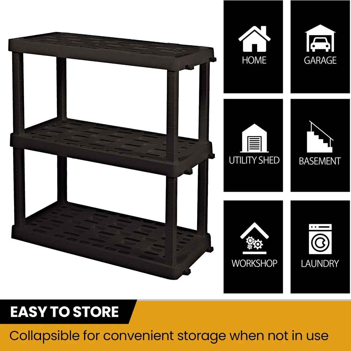 Hyper Tough Large 3-Tier Shelving Unit, W36 x D18 x H38" Interlocking Multipurpose Garage Plastic Shelf Organizer, Black