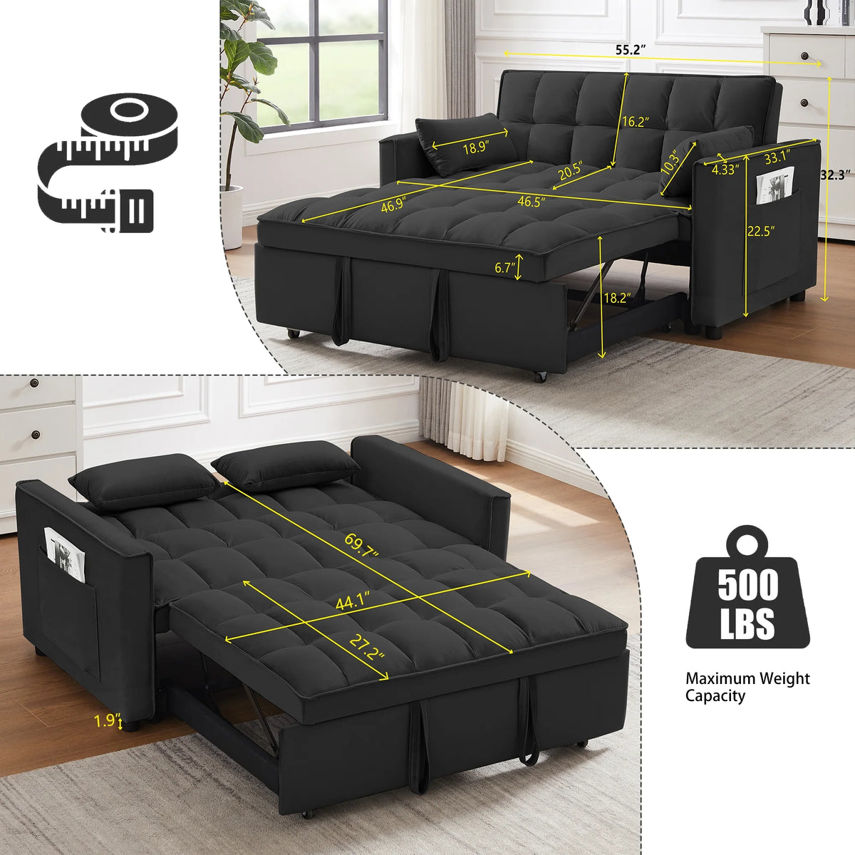 55 Inch Convertible Futon Sofa Bed,Modern Loveseat Sleeper Sofa Couch with Pull-Out Sofa Bed for Living Room,Small Space - Black