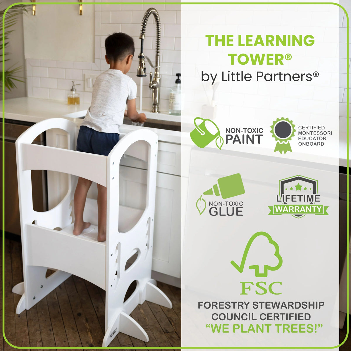 Little Partners Learning Tower Adjustable Height Kitchen Step Stool, Toddler Tower, Encourages Learning, Independence, and Engagement, Safety Climbing Tower for Kitchen Counter - Soft White