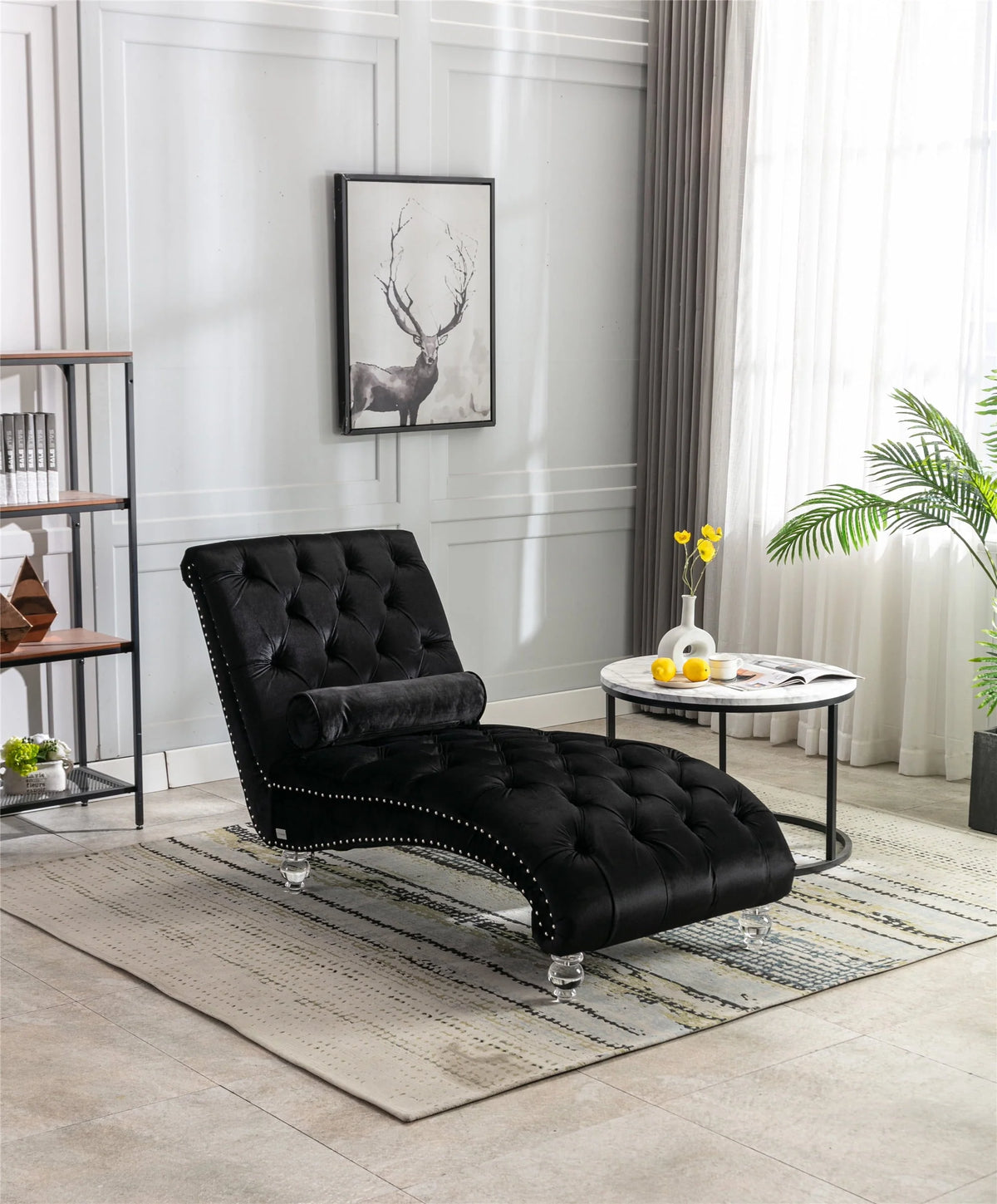 Velvet Chaise Lounge Chair, Modern Button Tufted Lounge Chair with Acrylic Legs and Nailhead Trim, Upholstered Sleeper Chair with Toss Pillow for Living Room Bedroom, Purple