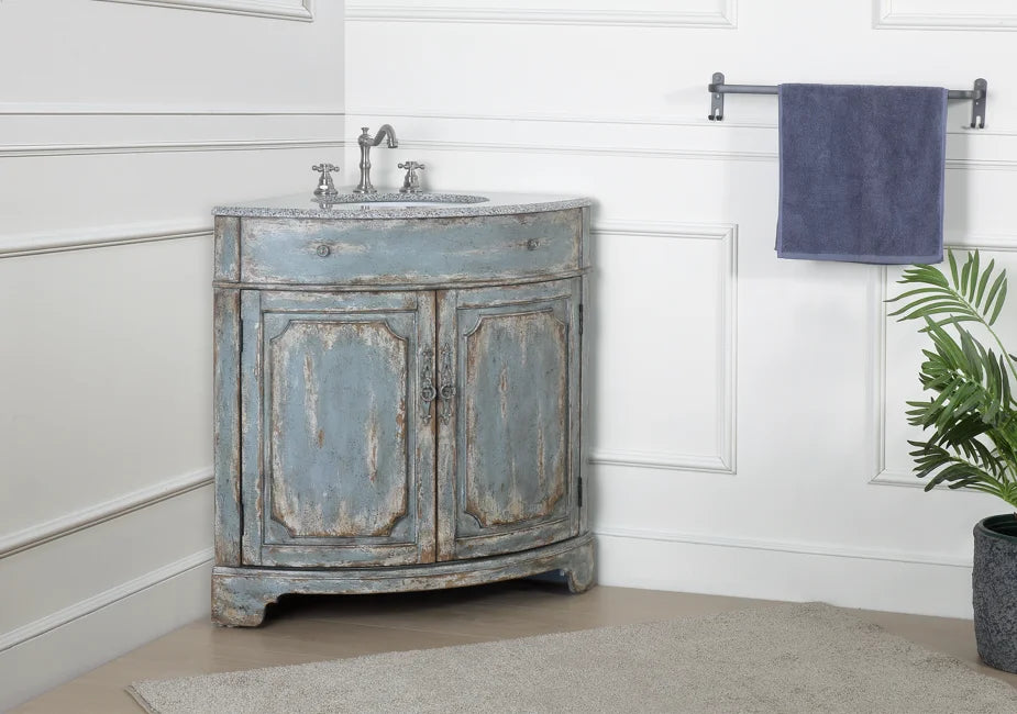 Benton Collection 24" Distressed Gray Corner Bathroom Vanity with White Quartz Top