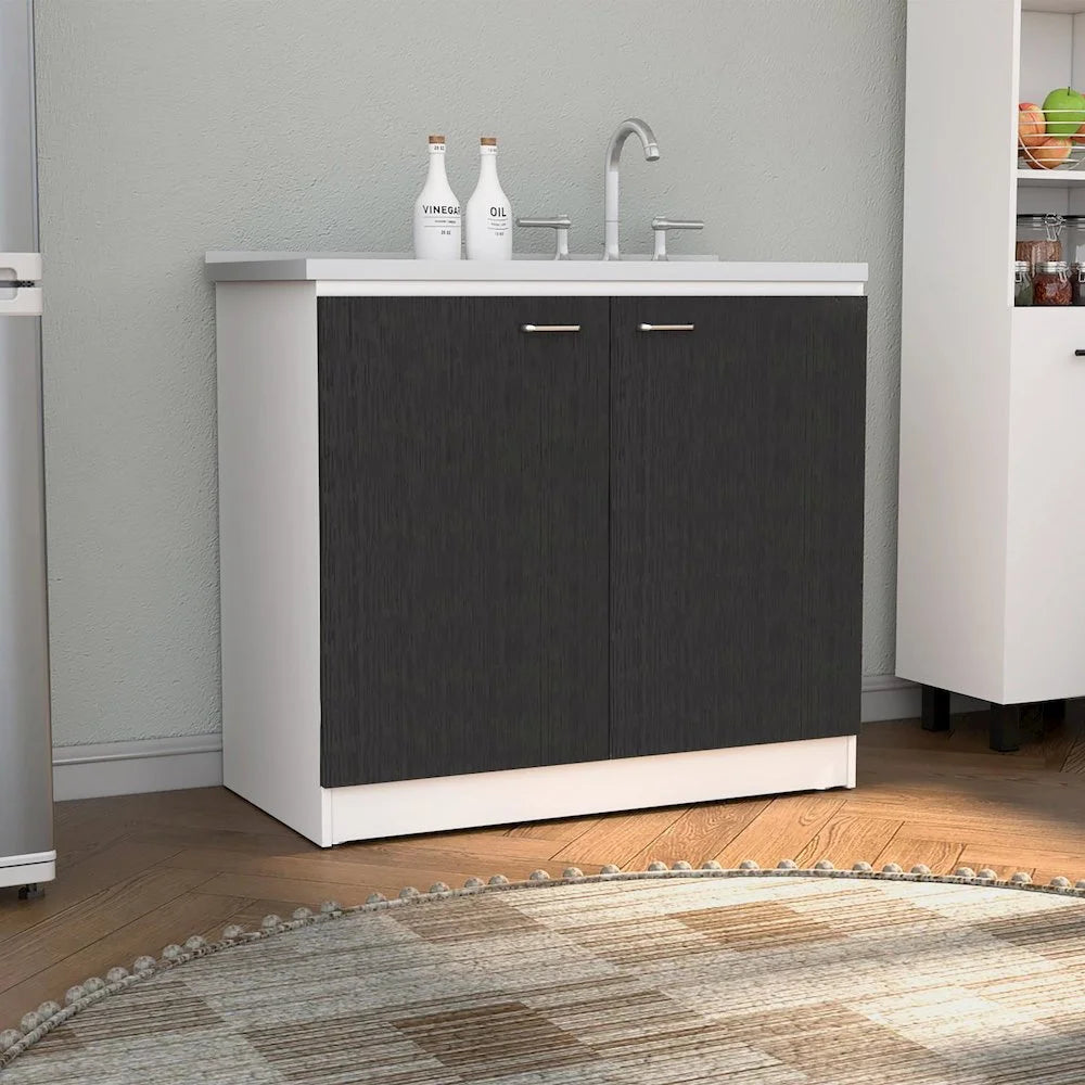 Napoles Utility Sink with Cabinet, Double Door, One Shelf White / Black