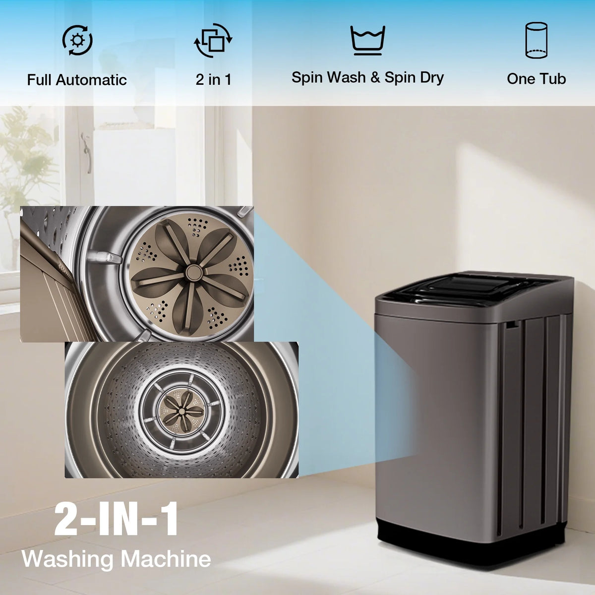 TABU Washer and Dryer Set, 17.6LBS Full Automatic Washing Machine & 8.8LBS Portable Dryer (Gray&White)