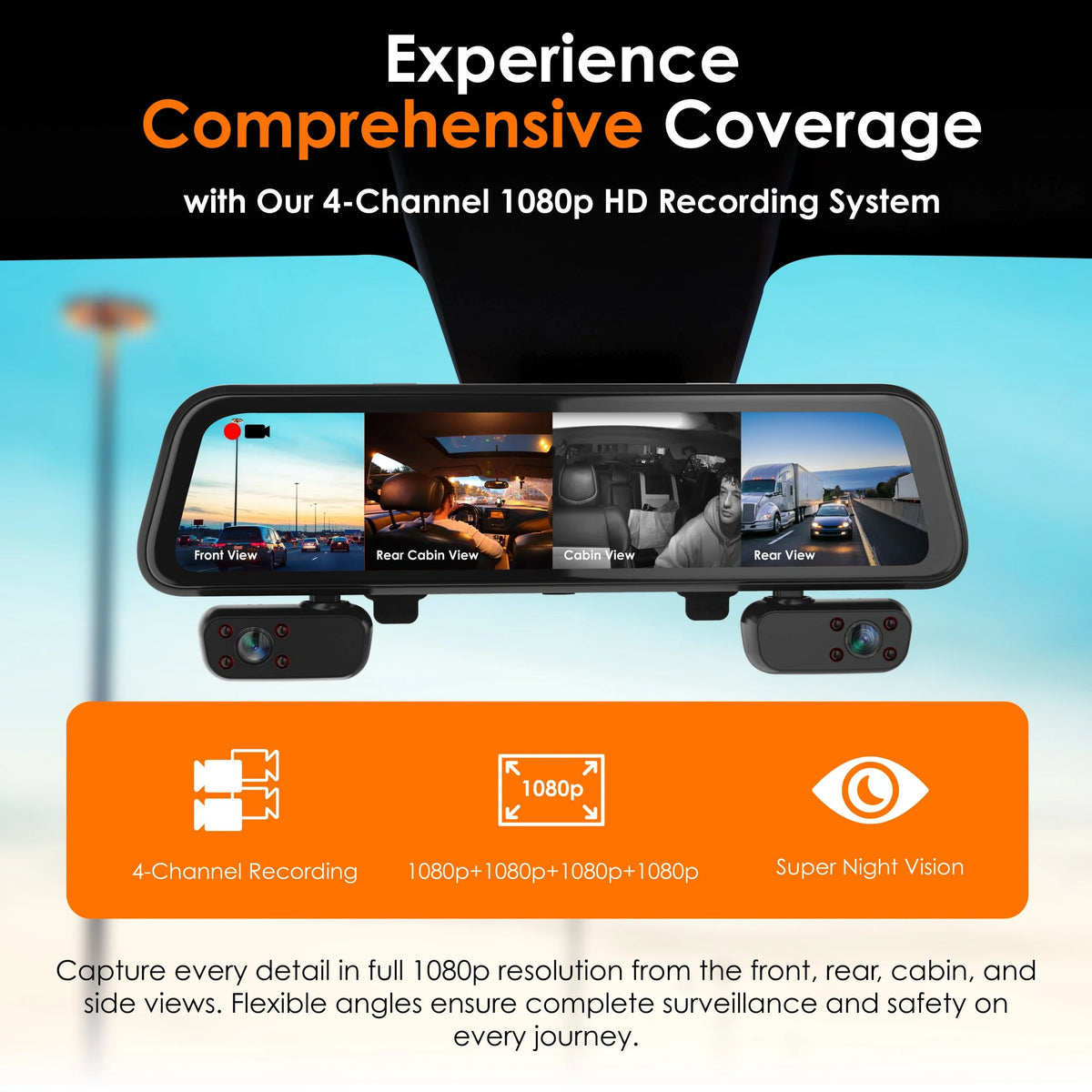 Rexing - M4 1080p 4-Channel Mirror Dash Cam with Smart BSD GPS