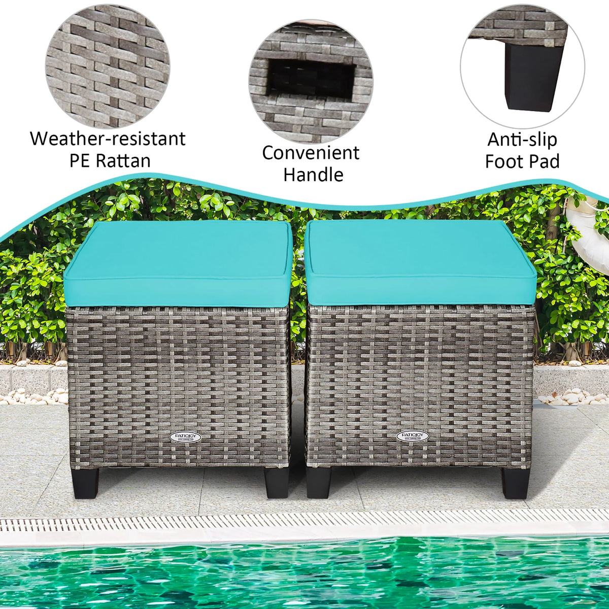 Costway 2PCS Patio Rattan Cushioned Ottoman Seat  Foot Rest TableTurquoise