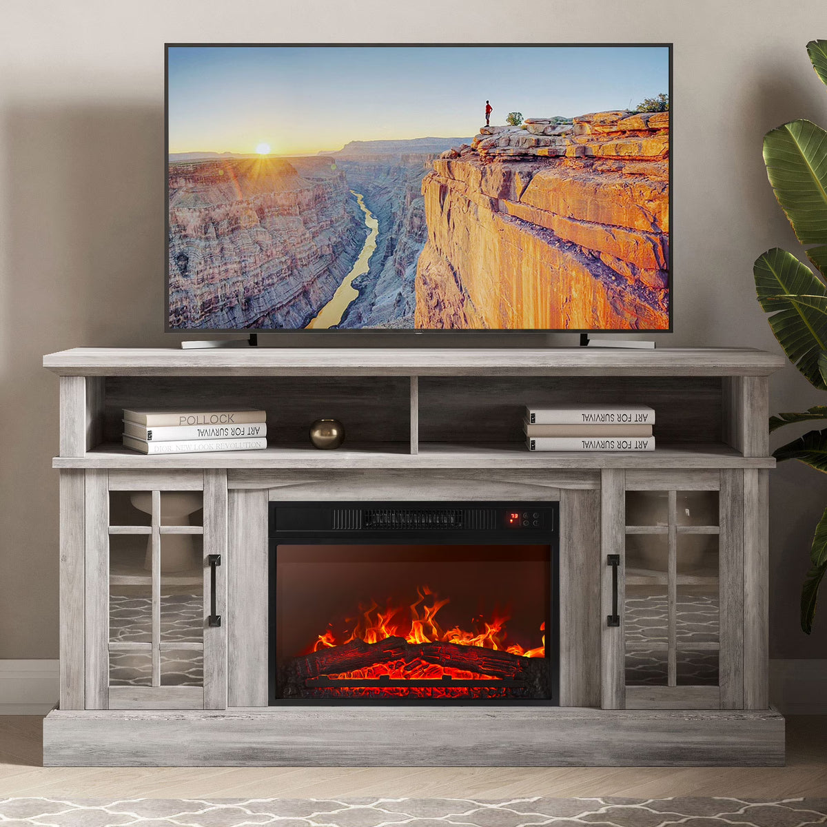 BELLEZE 58" TV Stand with 23" Electric Fireplace, Fireplace TV Console for TVs up to 65", Home Entertainment Center with Storage Cabinet and Adjustable Shelves - Astorga (Gray Wash)