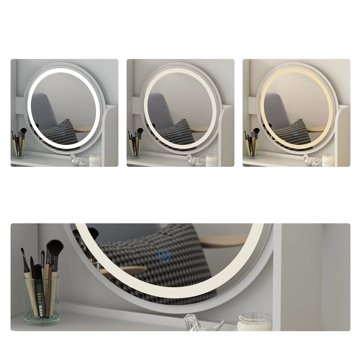 Makeup Vanity Dressing Table with 5 Drawers and Shelves, Vanity Set with Lighted Round Mirror, White Dresser Desk and Cushioned Stool Set