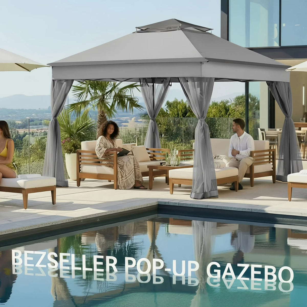 Bezseller 11x11 Pop up Gazebo, Outdoor Waterproof Canopy Tent with Mosquito Netting for Outdoors, Khaki