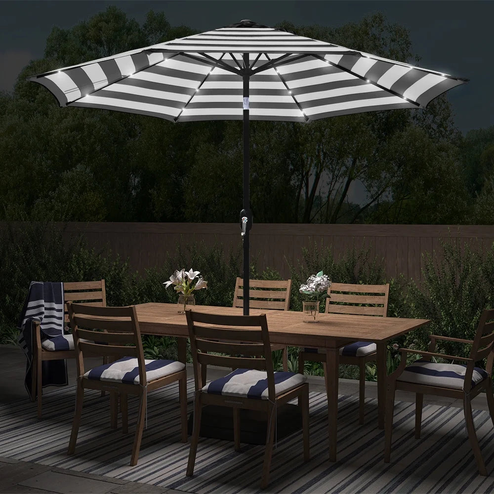 Abble 9' Black and White Striped Octagon Lighted Patio Umbrella, LED Lights