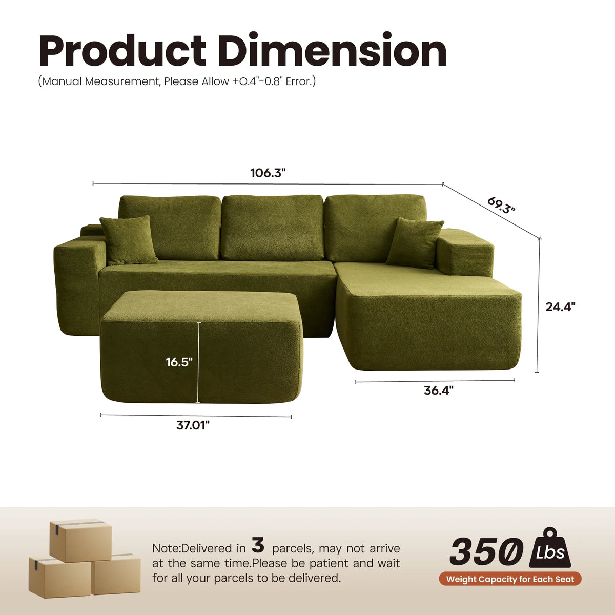 Ovios 106" L-Shaped Sectional Sofa Modern Modular Cloud Couch with Deep Seating Upholstered Sofa for Living Room Bedroom, No Assembly Required, Black(Corduroy)