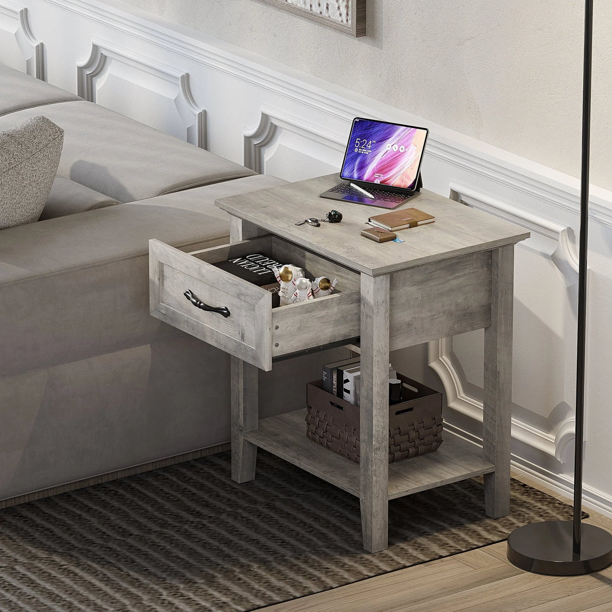 Amyove Square Nightstand, Bedside Table End Table for Bedroom Nursery Living Room, End Table with Storage Drawer, Easy Assembly, Grey