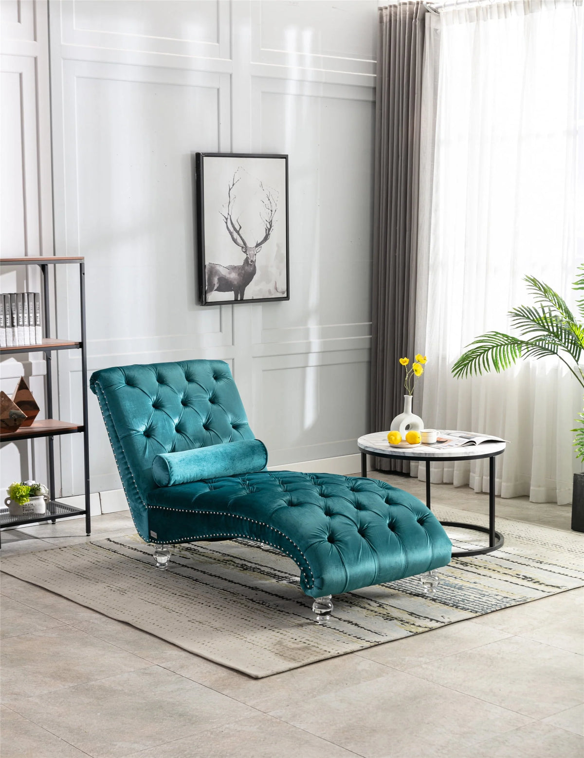 Velvet Chaise Lounge Chair, Modern Button Tufted Lounge Chair with Acrylic Legs and Nailhead Trim, Upholstered Sleeper Chair with Toss Pillow for Living Room Bedroom, Purple
