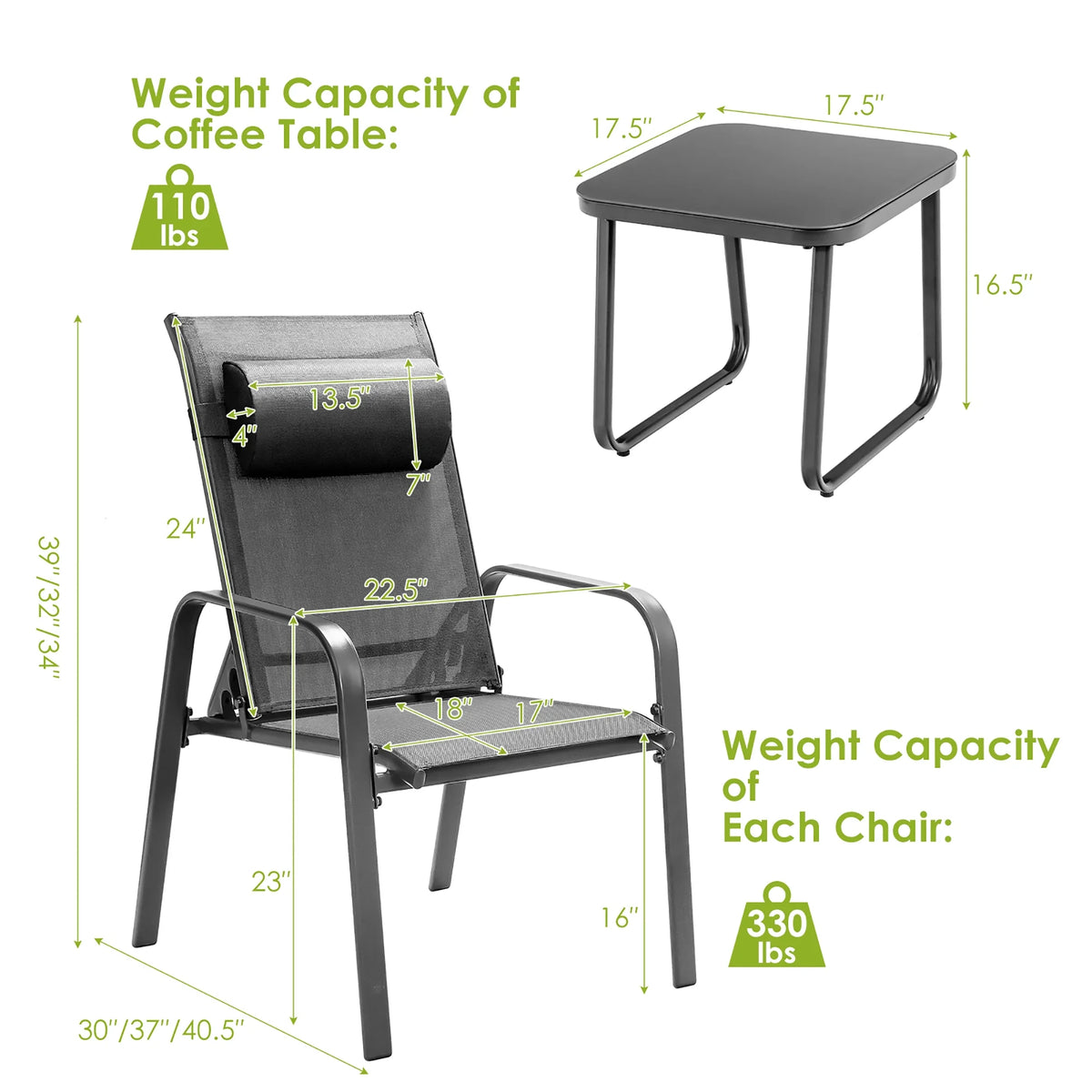 Costway 3PCS Patio Bistro Furniture Set Adjustable Back Stackable Chairs Black
