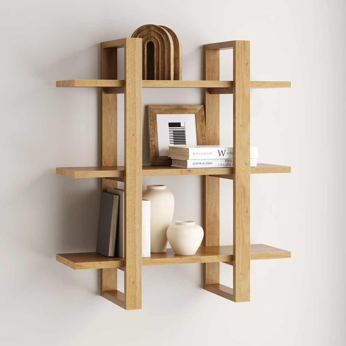 Nathan James Benji Floating Wall Book Shelves, 3-Tier Display Shelf, Decorative Modular Shelf in Solid Wood, Natural Brown