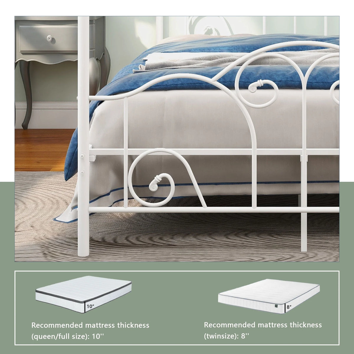 alazyhome Queen Size Canopy Metal Bed Frame, Metal Slat Support, White