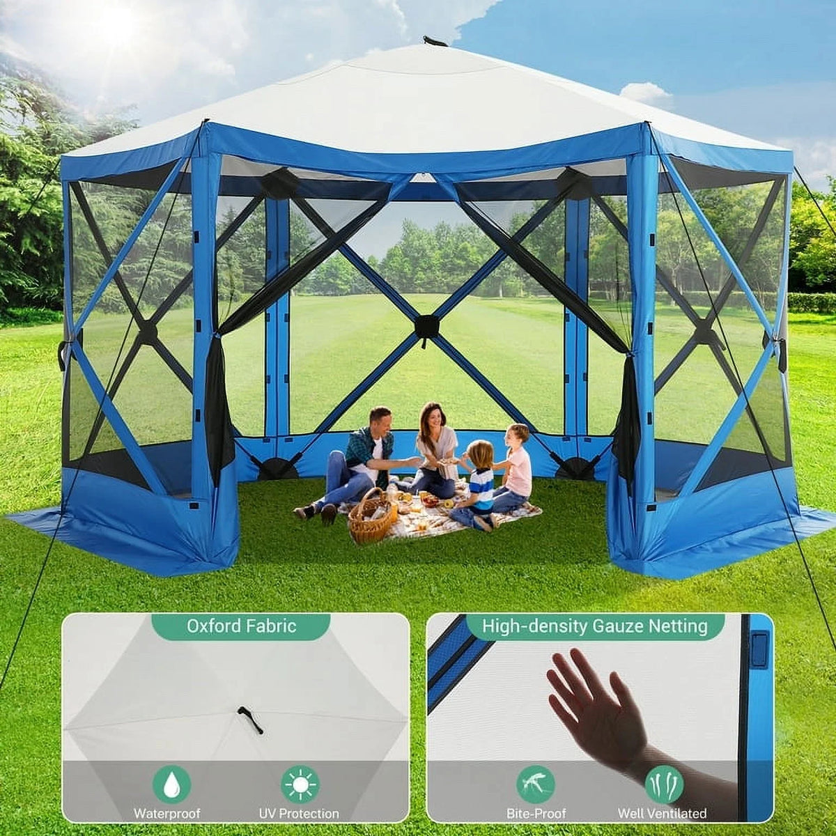SANOPY 12'x12' Gazebo Outdoor Pop up Gazebo Screen Tent with 6 Sides Mosquito Netting Camping Gazebo Instant Shelter Glamping Tent with Carry bag, Ground Spike, Gray