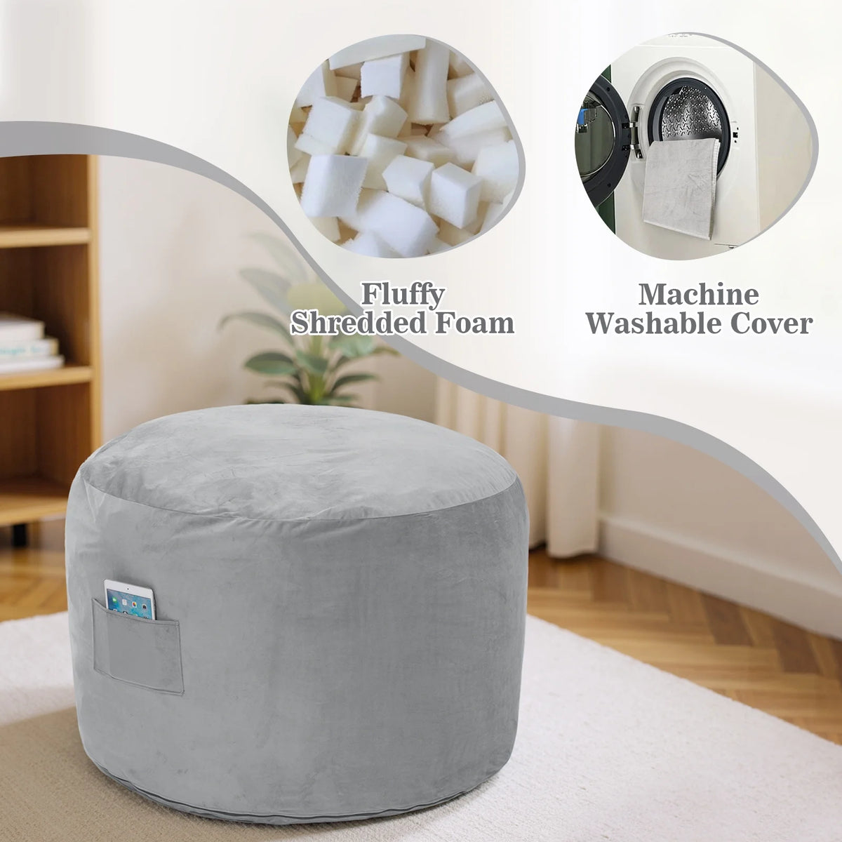 Lusimo Giant Bean Bag Chairs Bean Bag Bed with Pocket, Convertible Bean Bag Sofa Bed with Velvet Washable Cover for Adults, Couples, Family, Living Room, Gray, Full