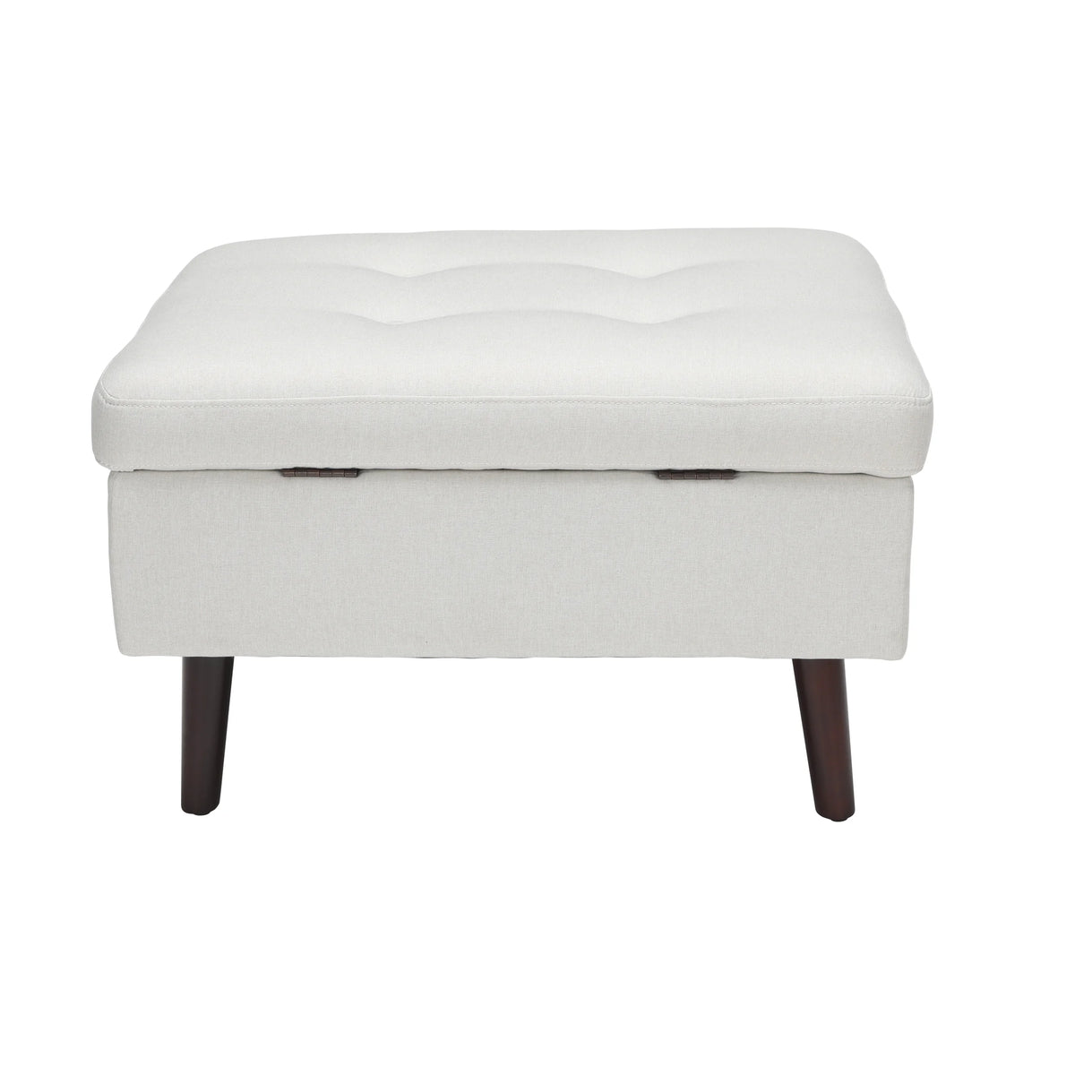 OFM Mid Century Modern Tufted Fabric Storage Ottoman, Walnut Legs, in Beige