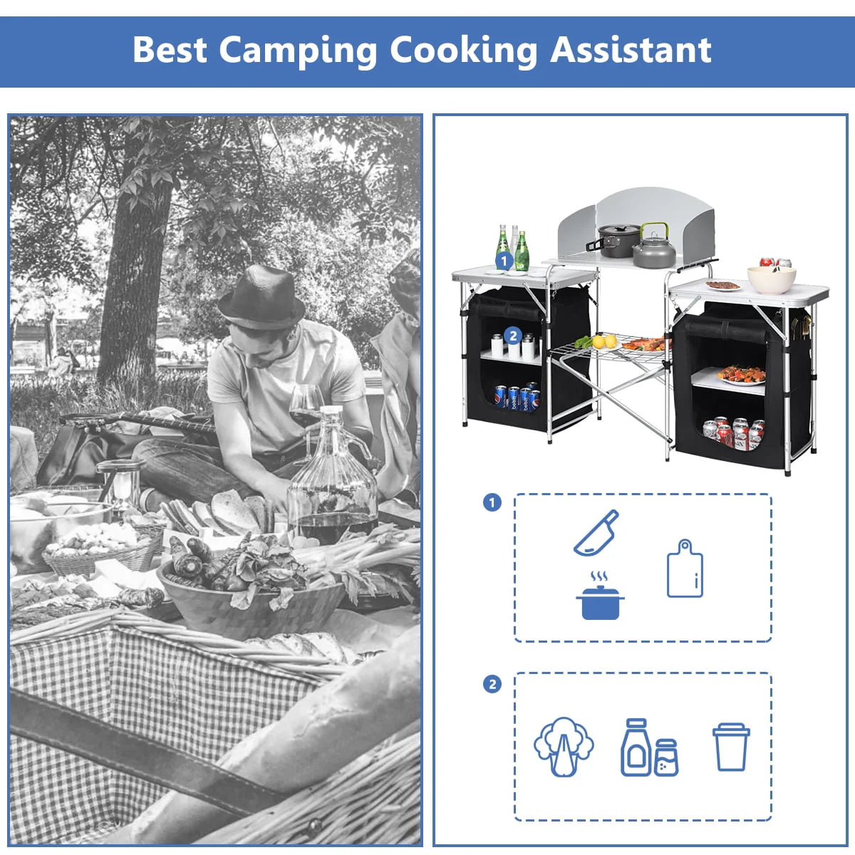 Goplus Folding Portable Aluminum Camping Grill Table w/ Storage Organizer Windscreen Black