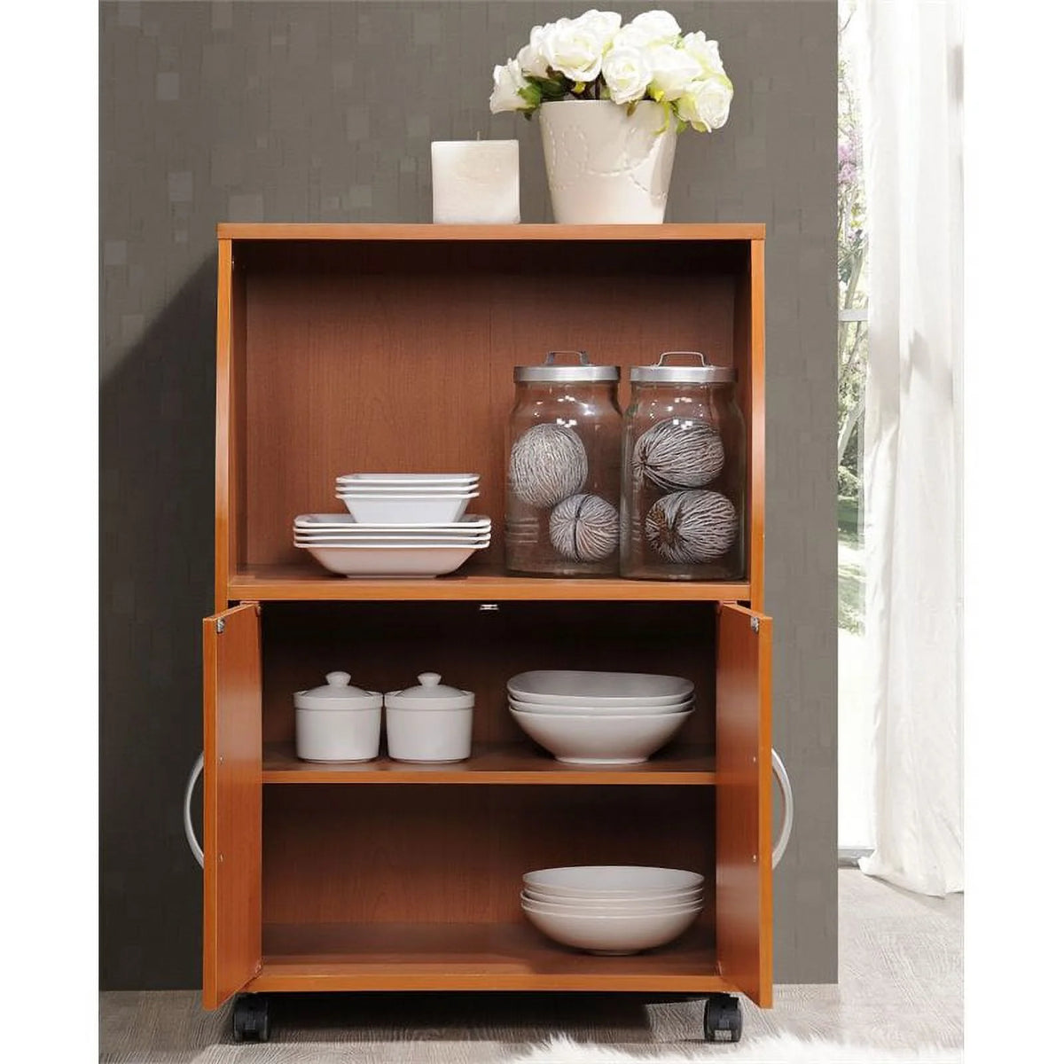 Pemberly Row Microwave Kitchen Cart in Beech