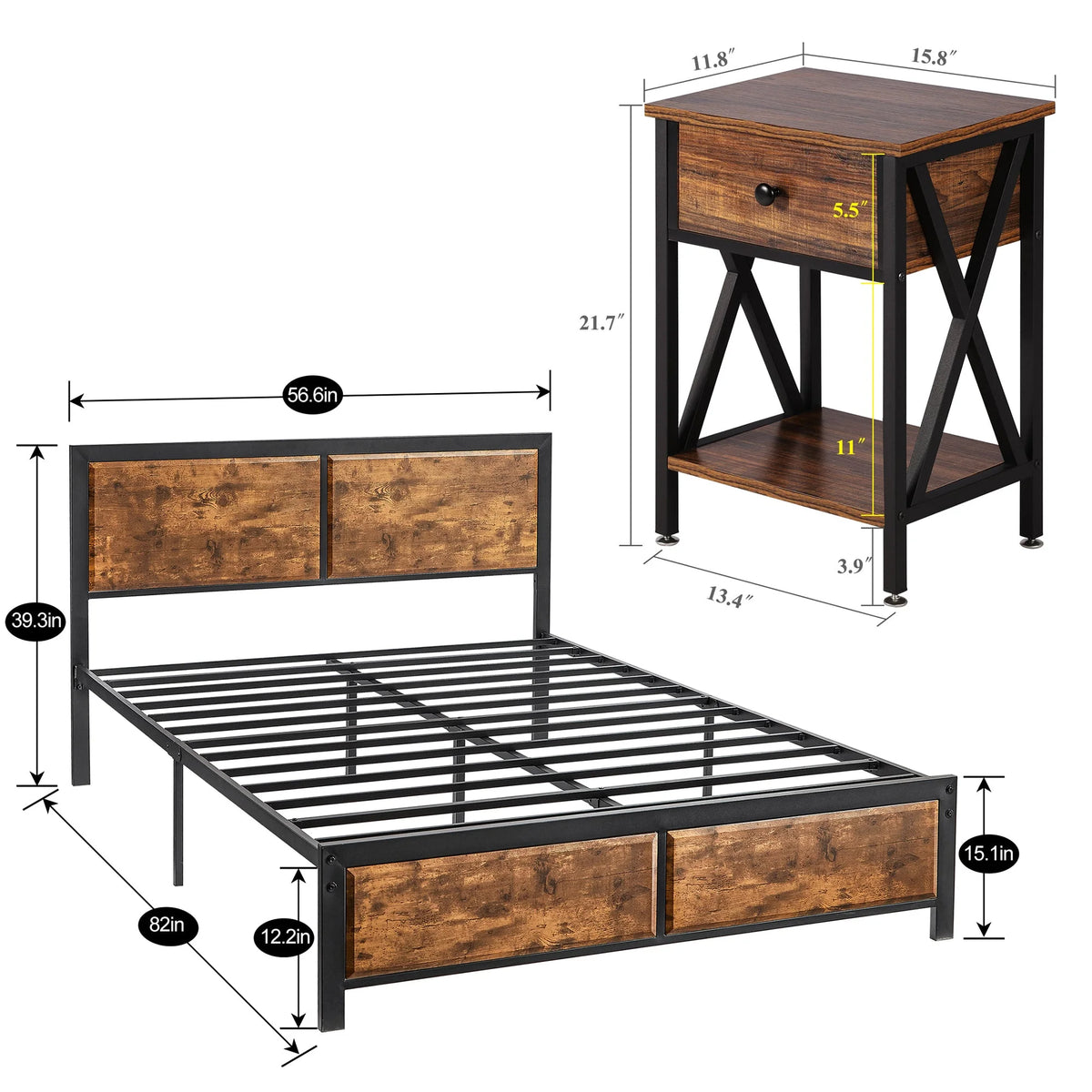 VECELO 3-Piece Bedroom Set with Twin Size Bed Frame and 1-Drawer Black Nightstands