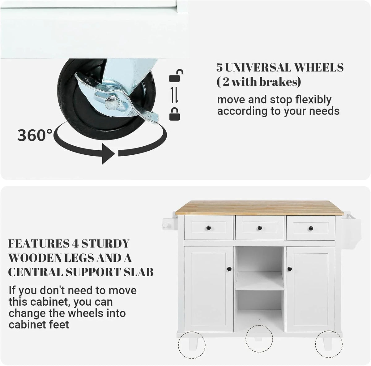 ZIVACATE Rolling Kitchen Island with Drop Leaf and Storage Large 53 in Movable Kitchen Carts White