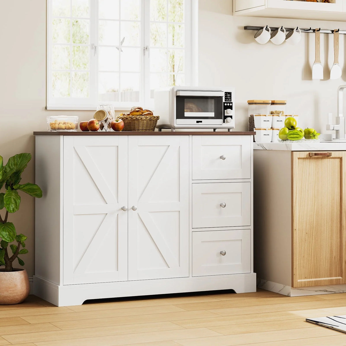 Homfa Farmhouse Buffet Sideboard with 3 Drawers, 2 Door White Wood Credenza Accent Cabinet for Dining Room Living Room
