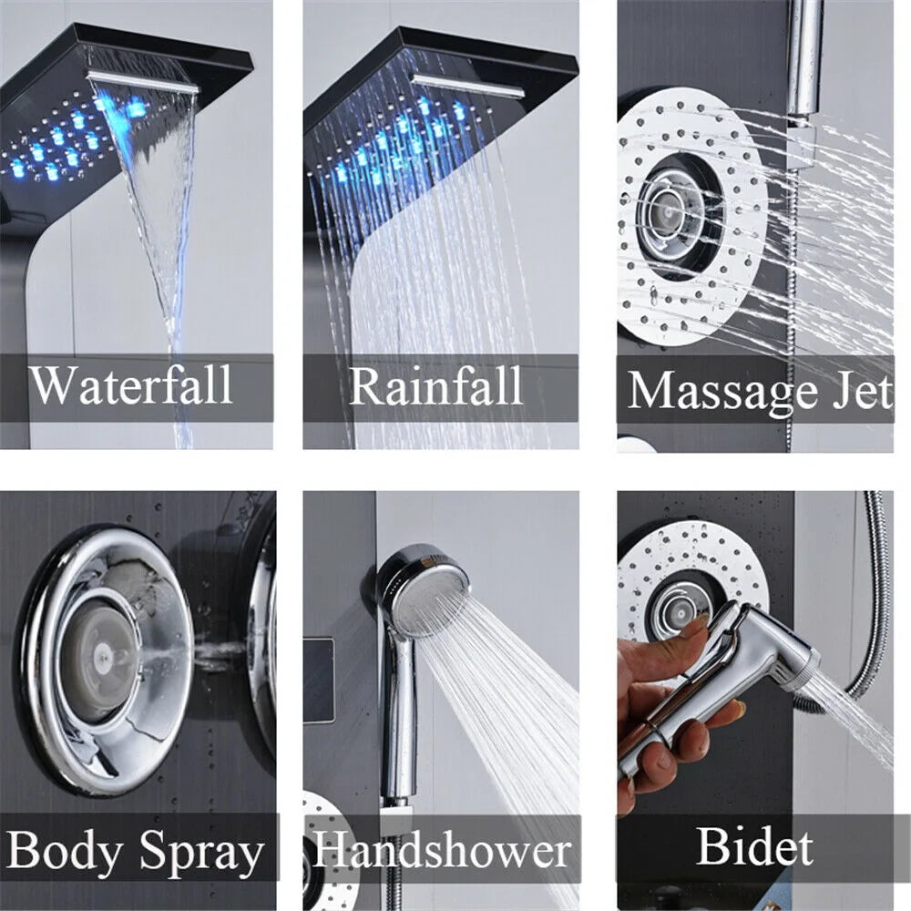 Shower Panel Tower System LED Rain&Waterfall Massage Jet Sprayer Stainless Steel