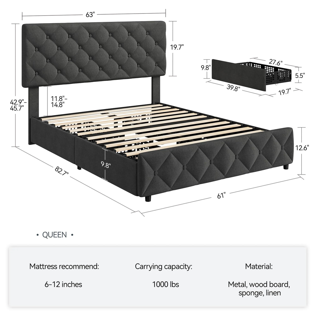 TROPOW Full Size Bed Frame,with 4 Storage Drawers and Adjustable Headboard, Linen Upholstered Platform Bed Frame, Diamond Stitched Button Tufted, No Box Spring Needed,White