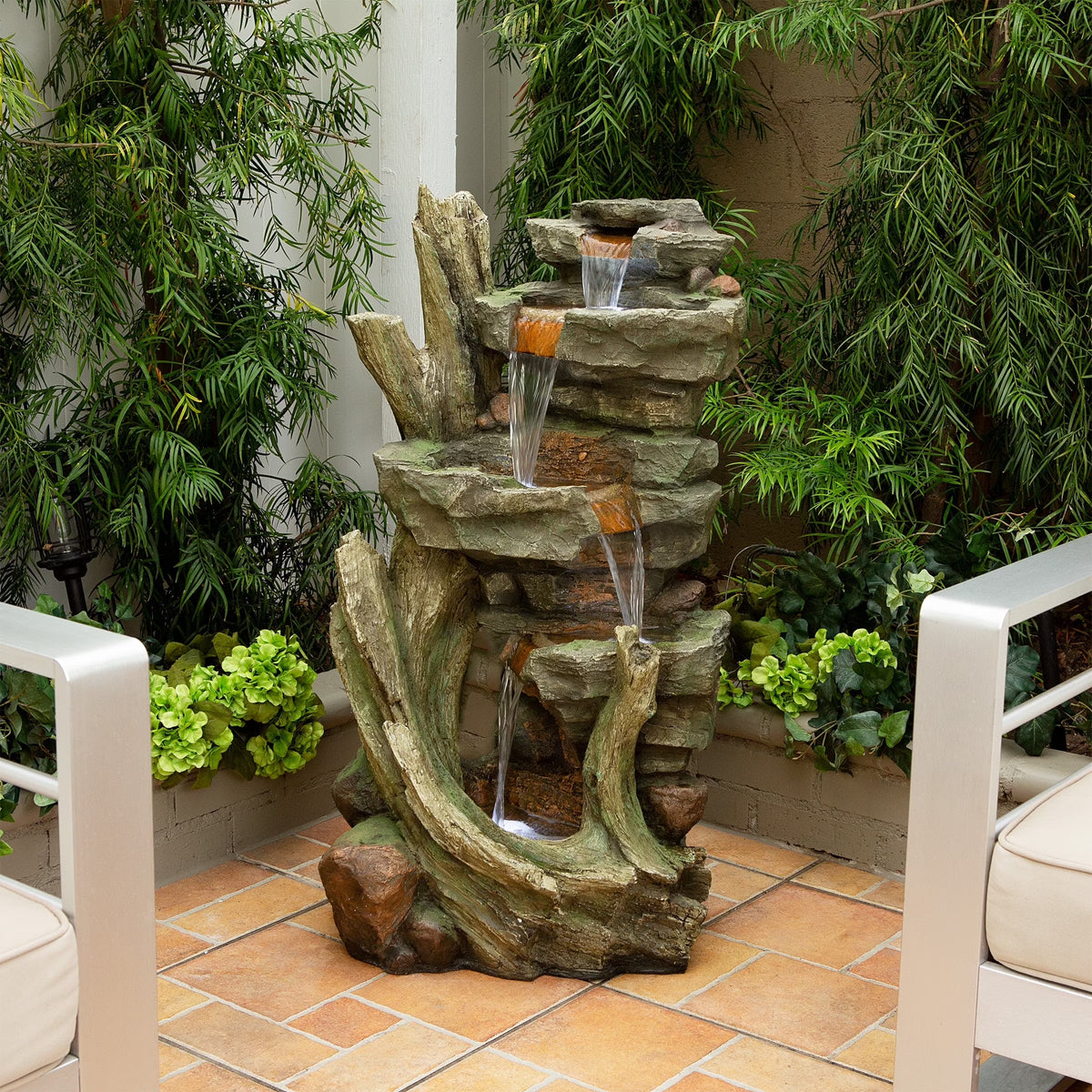 Alpine 39" Outdoor Multi-Tier Stone Tower Waterfall Electric Fountain with LED Lights