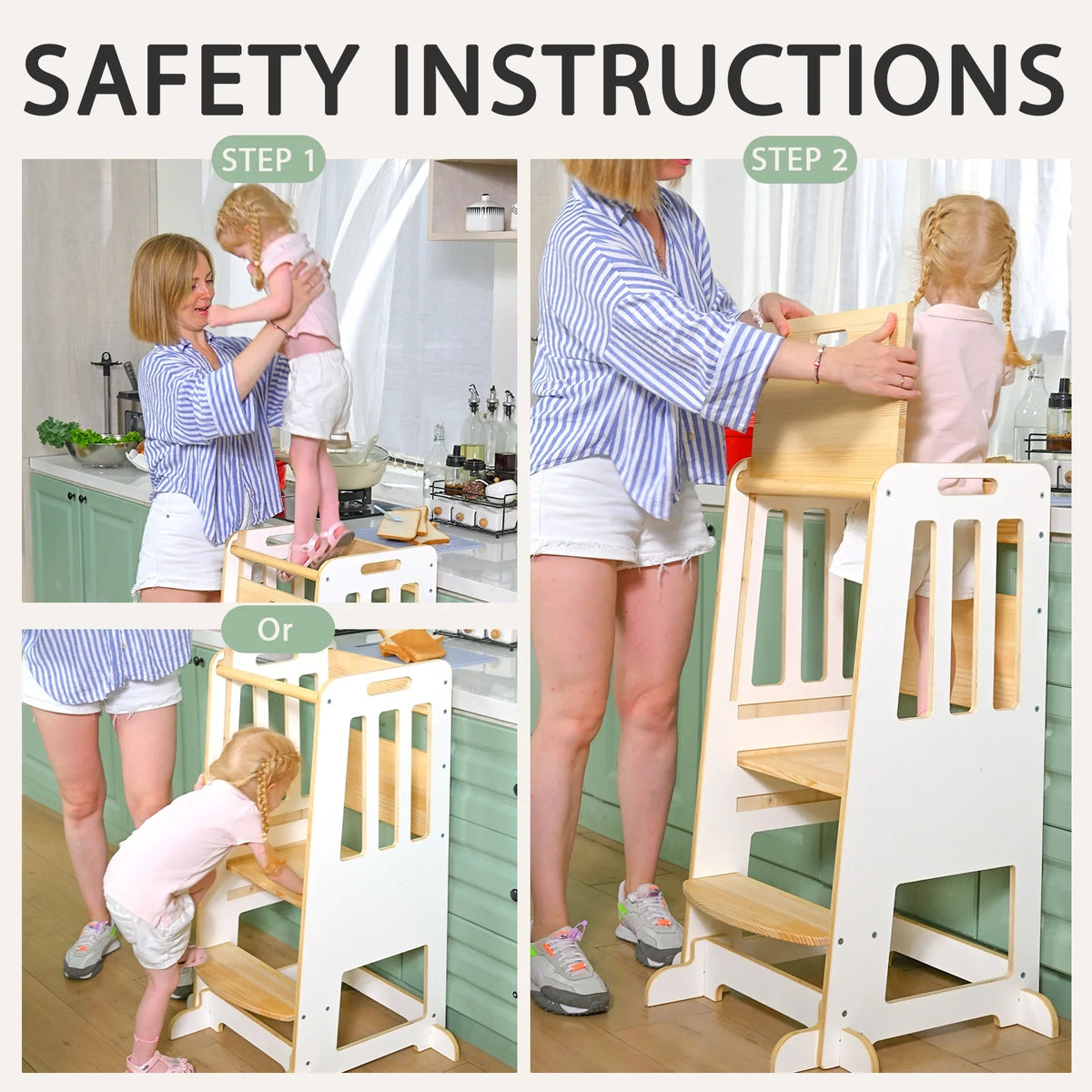 Toddler Standing Tower, Kids Kitchen Stool Helper 3 Levels Adjustable Height Wooden Toddler Step Stools for Learning New Skills