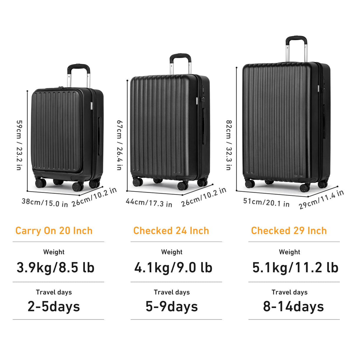 Front Open Carry On Luggage Laptop Compartment 100%PC TSA Lock Spinner Wheels 20" Lightweight Hardside Suitcase
