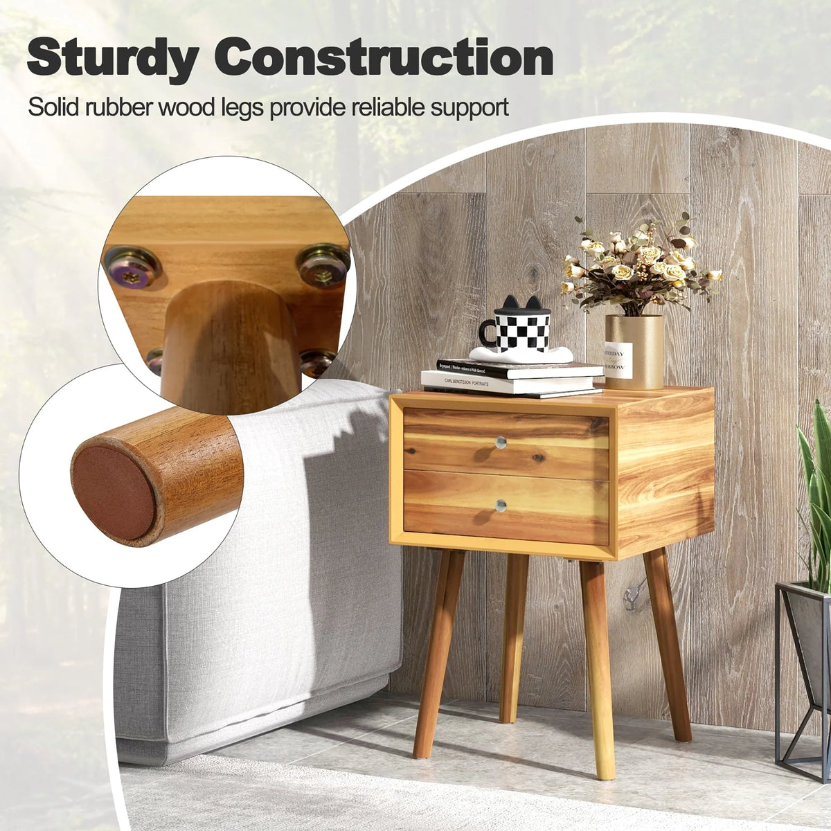 Gymax 2-Drawer Nightstand Mid-century Modern Bed Side Table w/ Storage Multipurpose End Table Brown