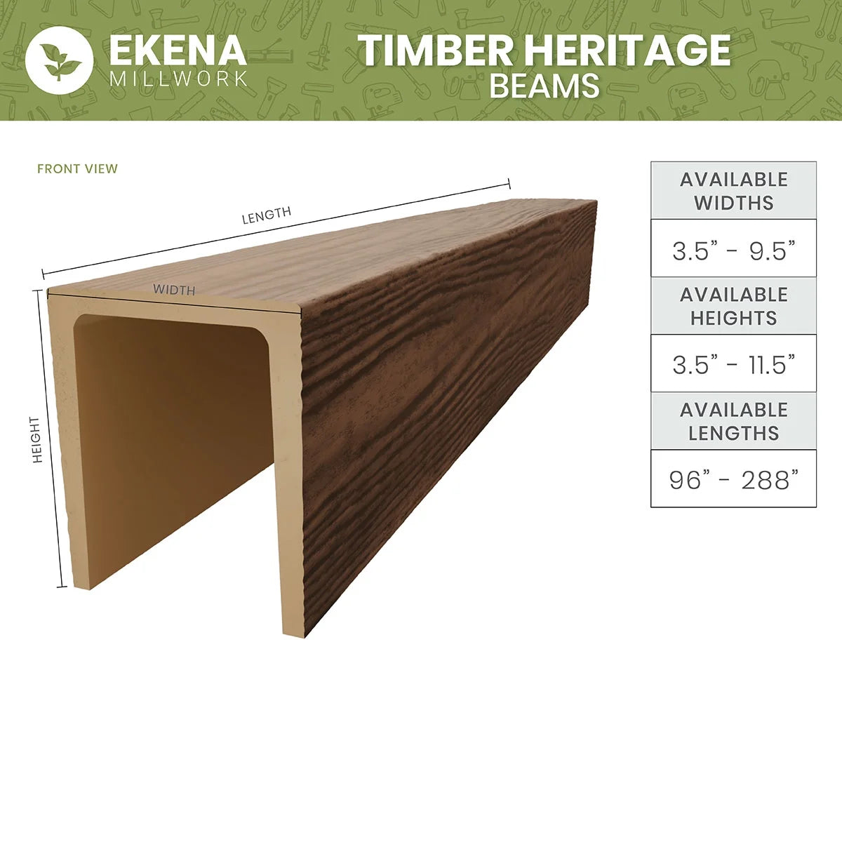 Ekena Millwork 3 1/2"W x 3 1/2"H x 120"L 3-Sided (U-Beam) Reclaimed Axed Cut HeritageTimber Faux Wood Ceiling Beam, Kona Brown