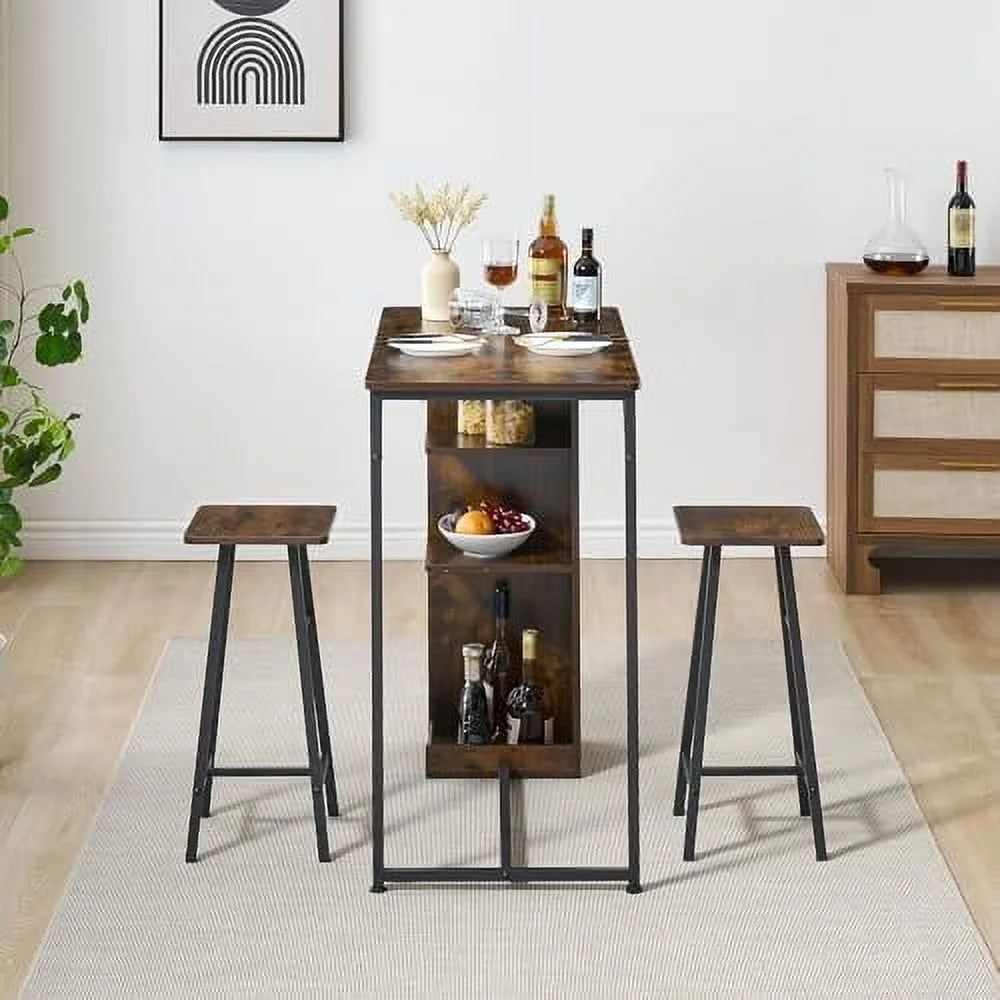 Dining Table Set, Bar Table and Chairs Set, 3-Piece Bar Table Set with Storage Drawer & Shelf, Steel Frame, Industrial, Rustic Brown, Space Saving Table for Small Apartment