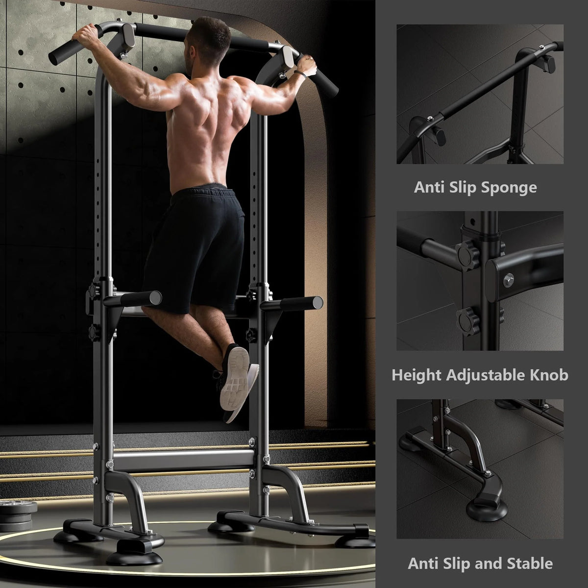 Wellynap Power Tower Pull up Bar, Strength Training Workout Equipment with Adjustable Height High Stability - Black