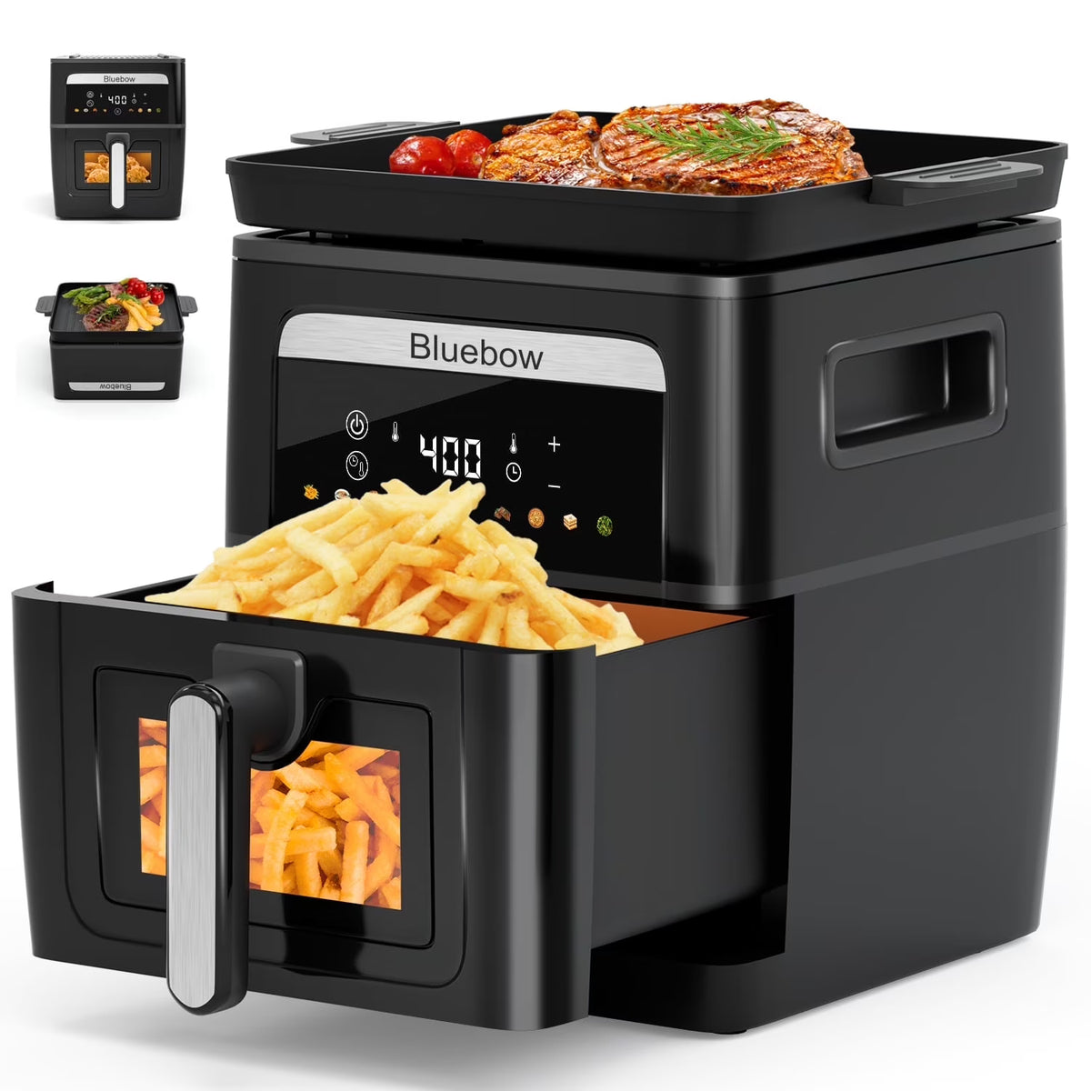 Bluebow 9QT  Air Fryer & Grill Pan Combo, Large Capacity, 8 Preset Functions, Non Toxic, Non-Stick, View Window, Black