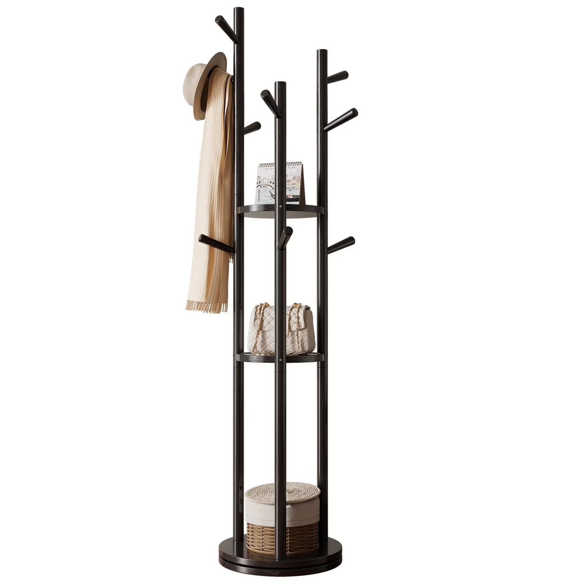 KASLANDI Solid Wood Rotary Coat Rack with 3 Shelves & 9 Hooks, Freestanding Hall Tree Stand, Coat Tree for Entryway, Living Room, Walnut, Easy Assembly