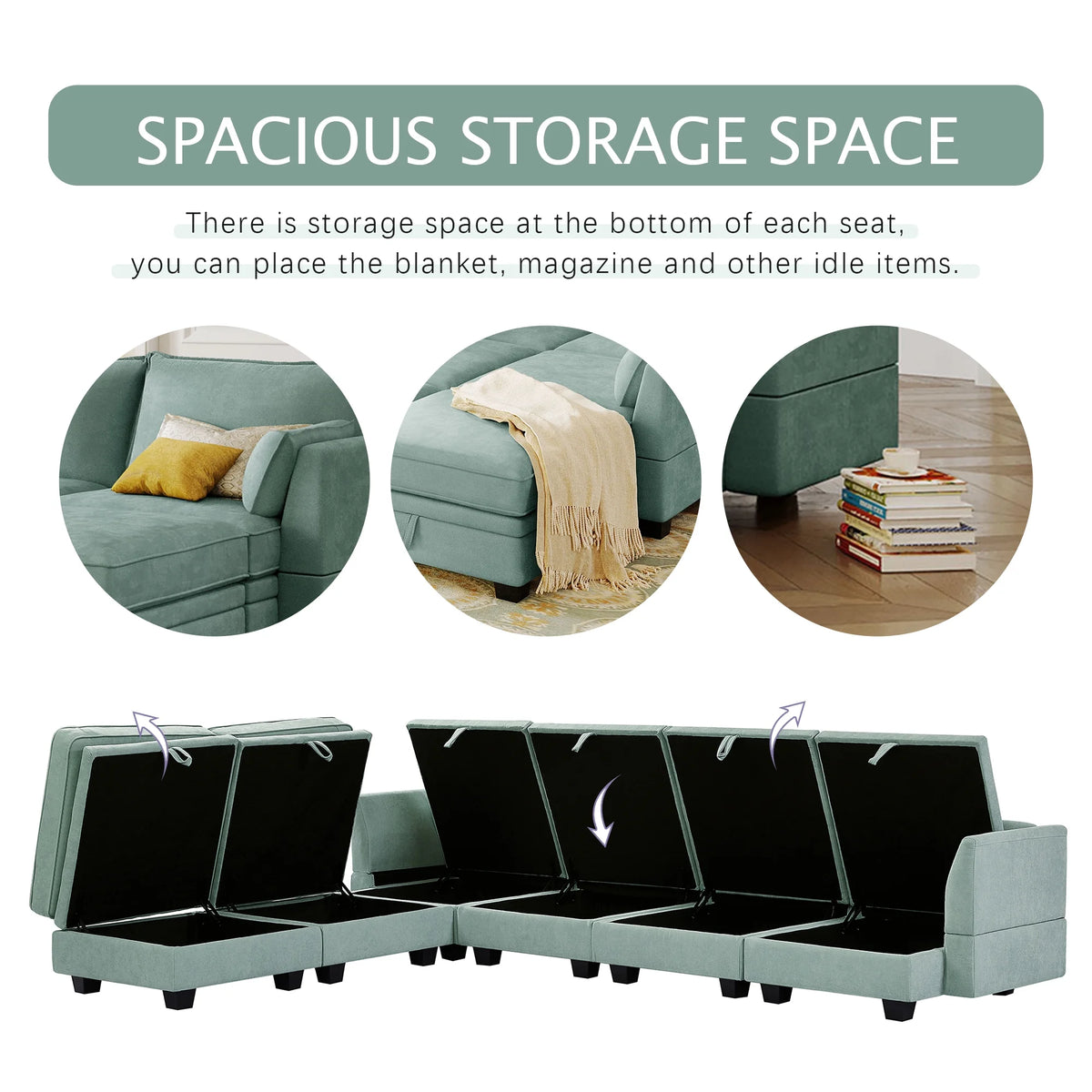 EUROCO 115" Large U/L Shaped Sectional Sofa, 1200LBS 6 Seat Convertible Couch Queen Size Sleeper Bed with Storage Seat and Removable Cushions, Modular Sofa with 2 Stools